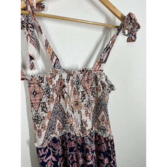 Abel The Label Maxi Dress Small Smocked Tie Straps Tiered Floral Boho Anthro - Picture 2 of 6